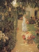 Childe Hassam Gathering Flowers in a French Garden oil painting on canvas